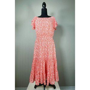 J. Crew Floral Ruffle Tiered Short Sleeve Midi Dress, Coral (orange/red)